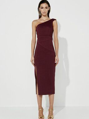 MOSSMAN Off The Wayside One Shoulder Midi Dress Merlot Size US 2